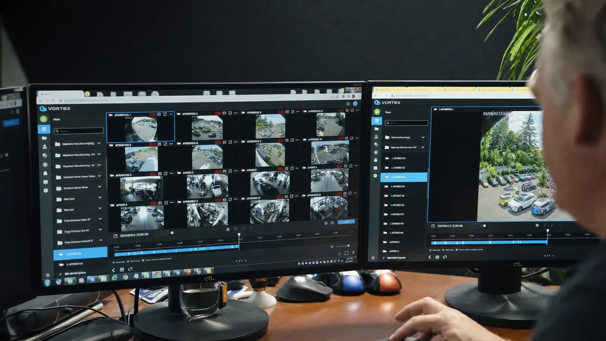 Vortex video surveillance dashboard across desktop monitors